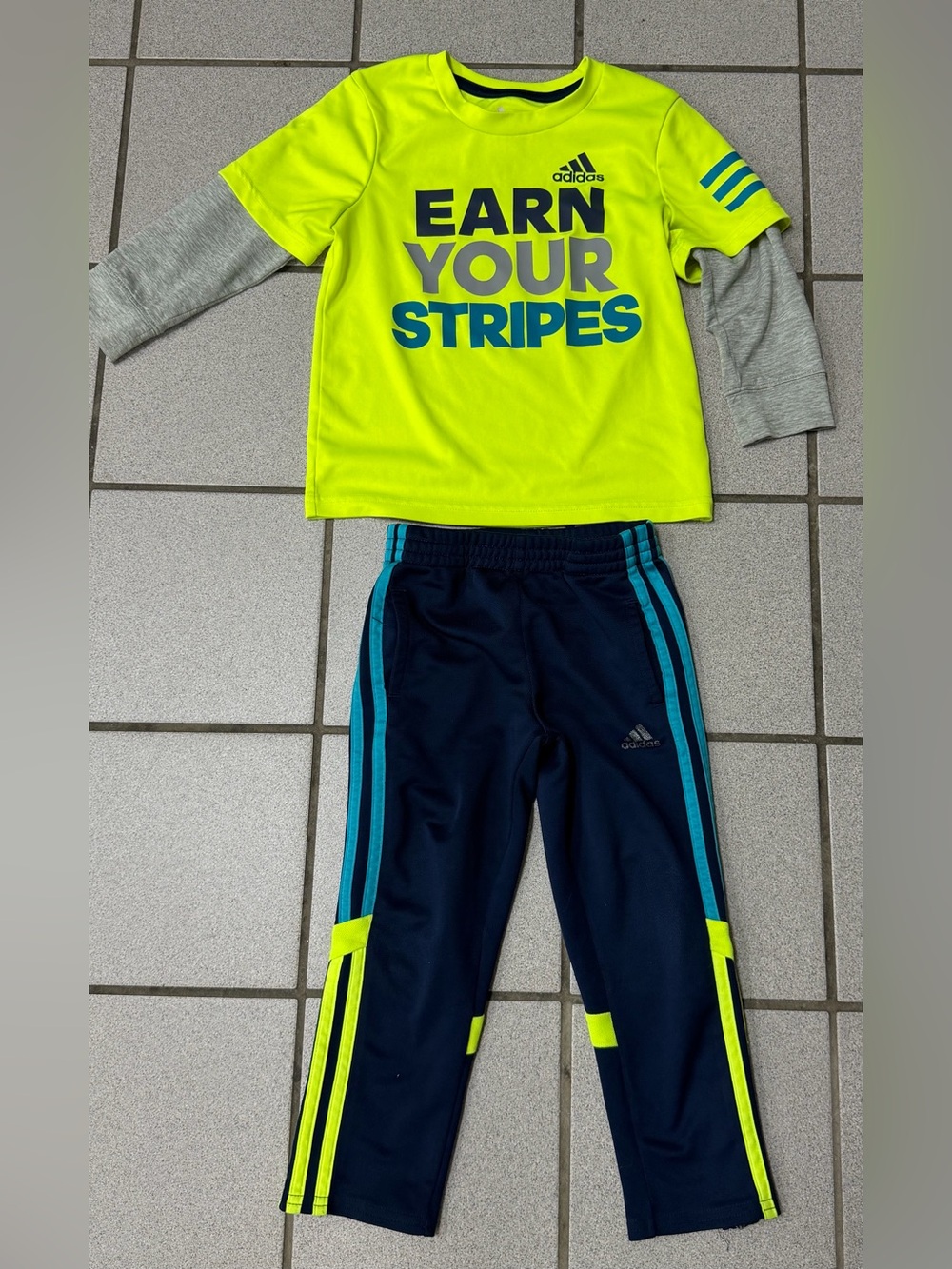 Adidas Boys Size 4 2-Piece Track Set Earn Your Stripes Neon Athletic Outfit